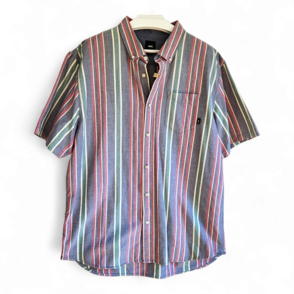 VANS OFF THE WALL Button Up Shirt Short Sleeve Men’s Striped 100% Cotton  XXL